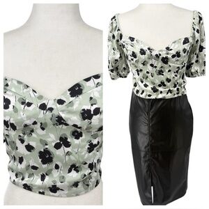 Pretty Princess Floral Puff Sleeve Top - Green and Black
